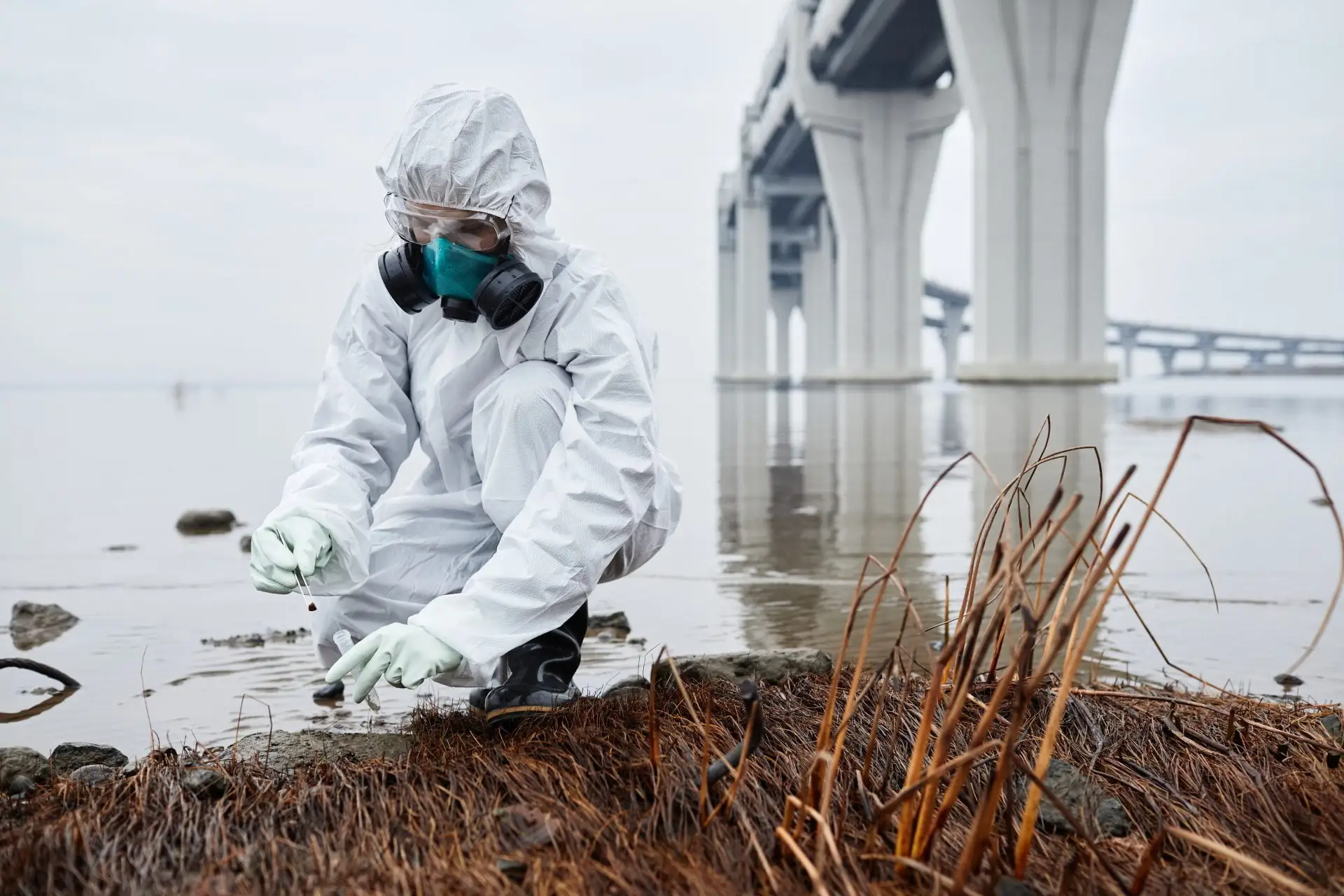 Scientist collecting an environmental sample in the field, Oakwater Laboratories Devon
