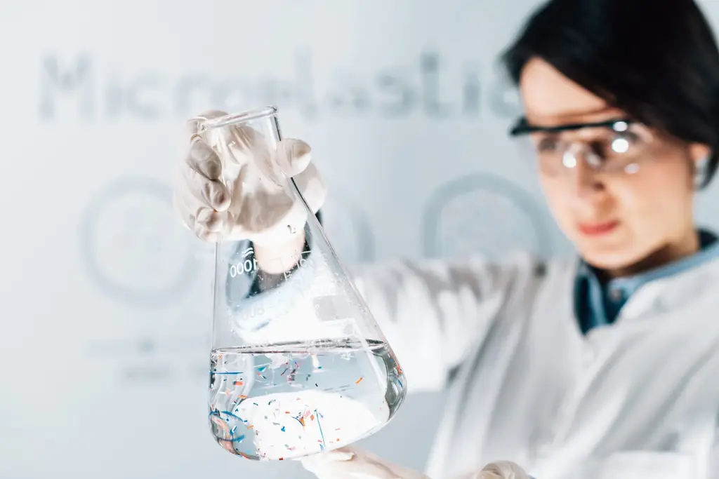 Particles in a water sample being analysed at Oakwater Laboratories, Devon